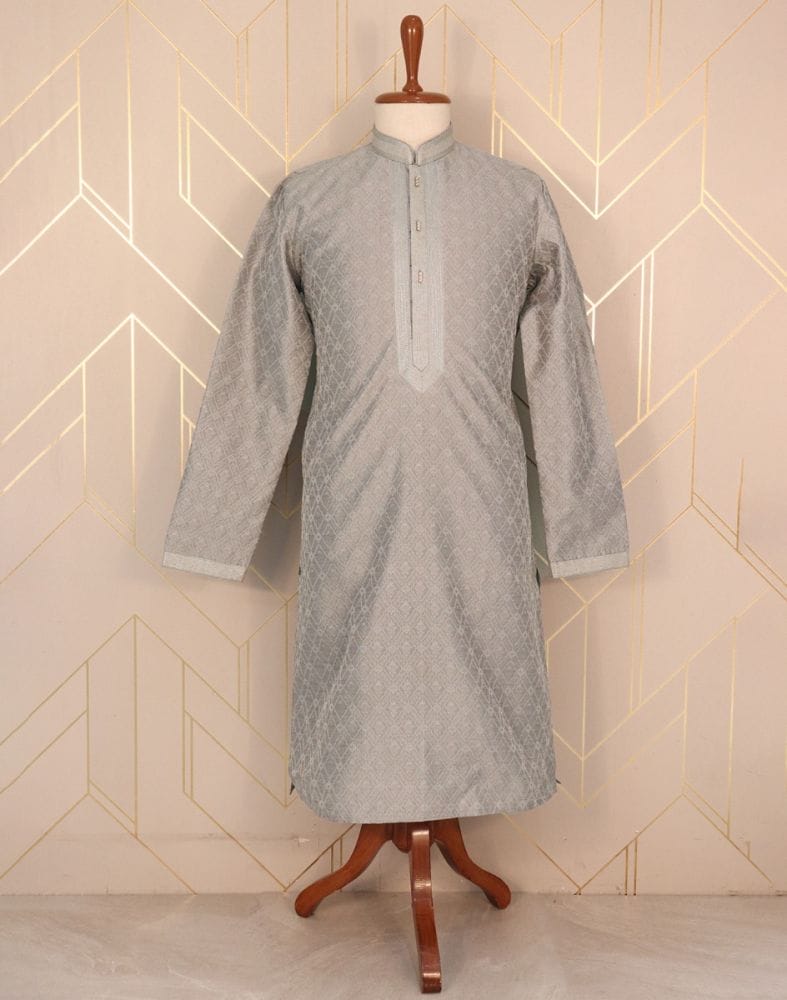 Grey Self Design Jacquard Weave Kurta Pyjama Set