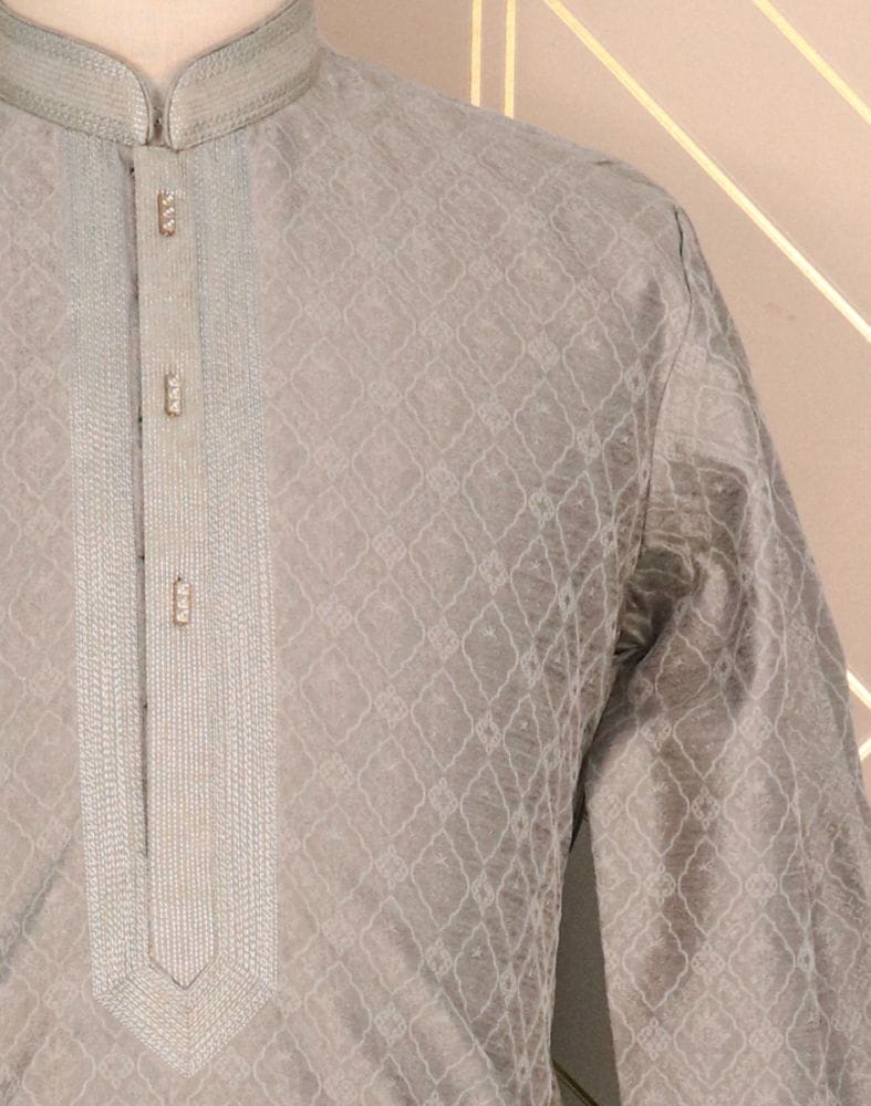 Grey Self Design Jacquard Weave Kurta Pyjama Set