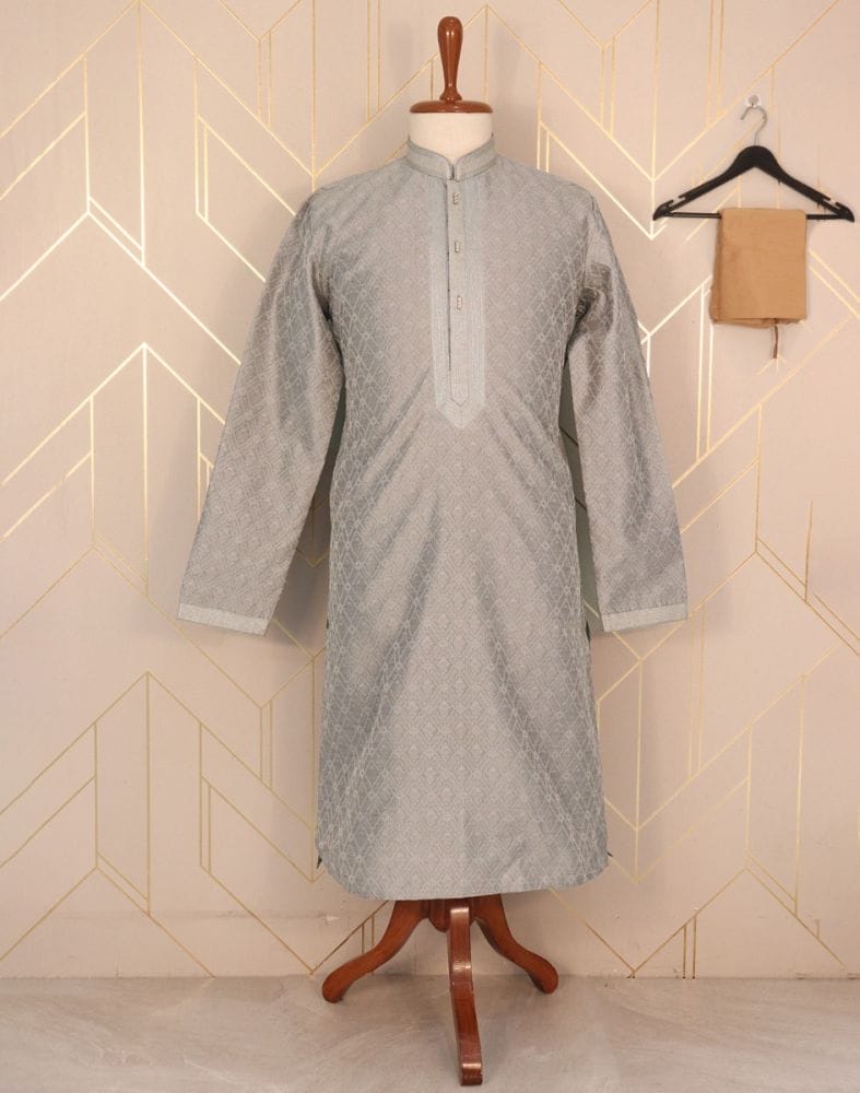 Grey Self Design Jacquard Weave Kurta Pyjama Set