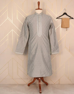 Collection of Grey Self Design Jacquard Weave Kurta Pyjama Set in a gallery layout