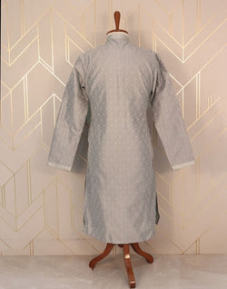 Collection of Grey Self Design Jacquard Weave Kurta Pyjama Set in a gallery layout