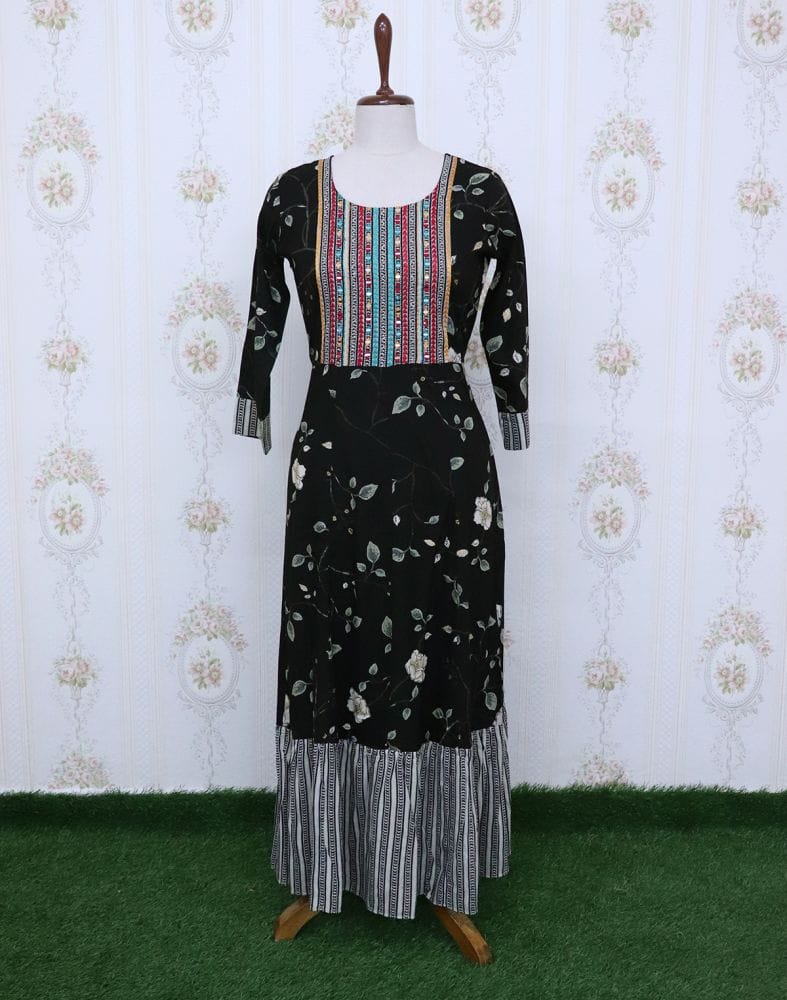 Black Floral Cotton Mirror Kurti