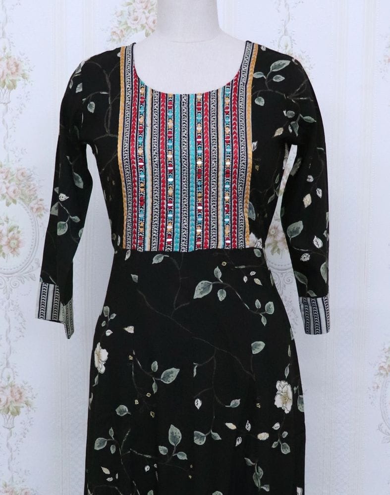 Black Floral Cotton Mirror Kurti