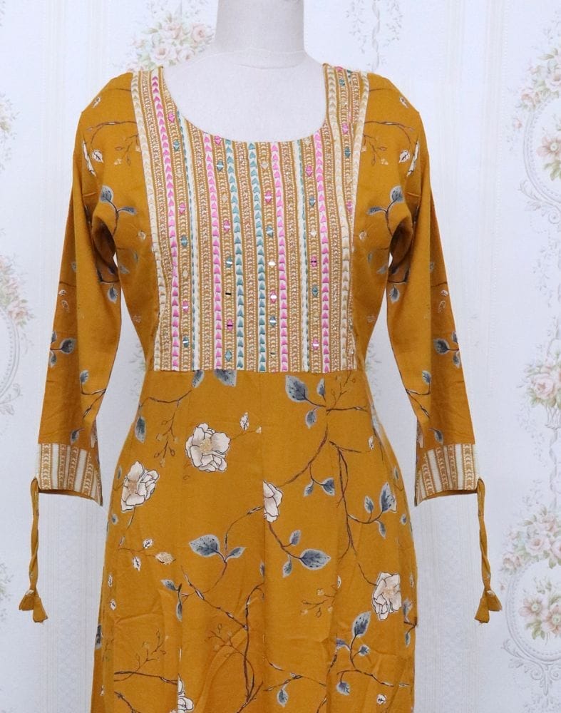 Collection of Mustard Floral Cotton Mirror Kurti in a gallery layout