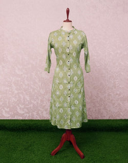 Collection of Light Green Floral Cotton Silk Mica Print Kurti in a gallery layout