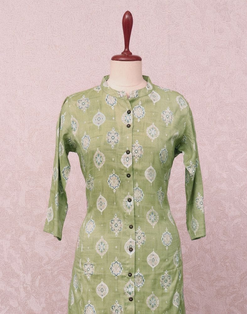 Collection of Light Green Floral Cotton Silk Mica Print Kurti in a gallery layout