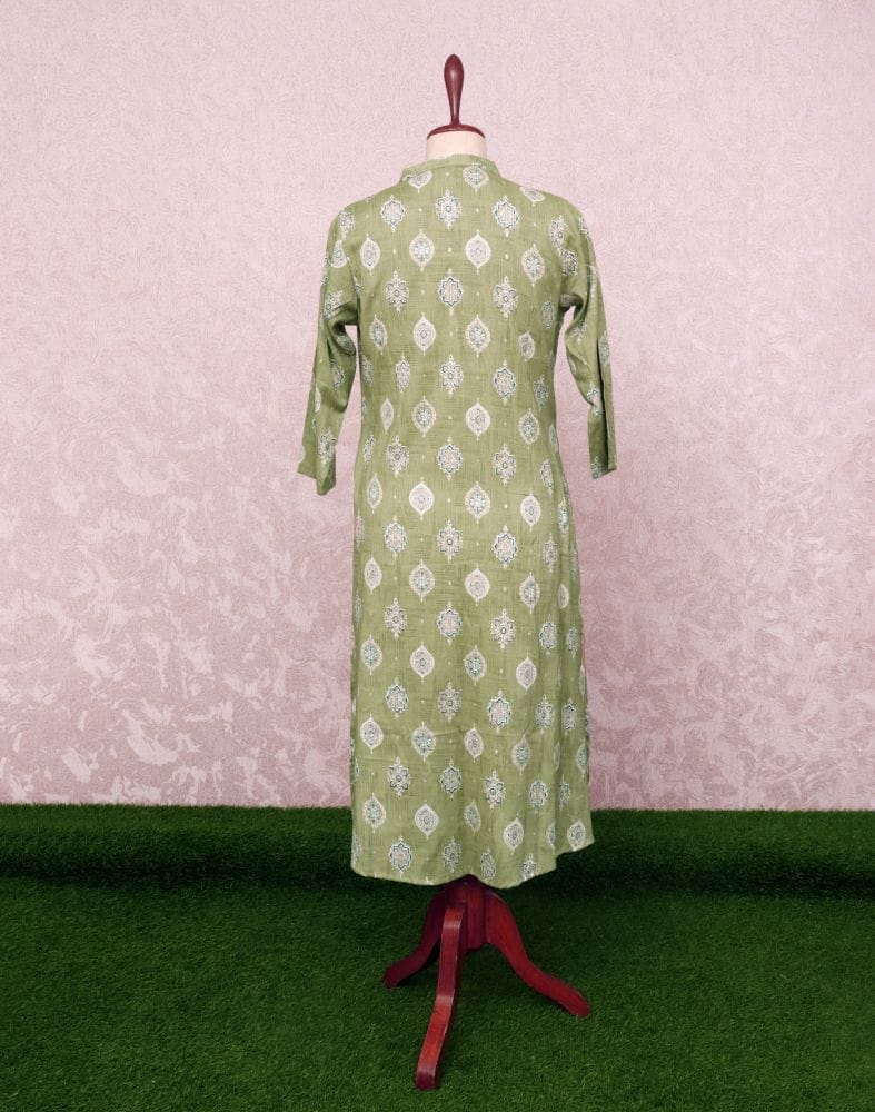 Light Green Floral Cotton Silk Mica Print Kurti