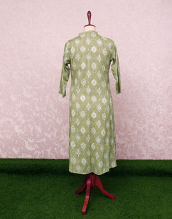 Collection of Light Green Floral Cotton Silk Mica Print Kurti in a gallery layout