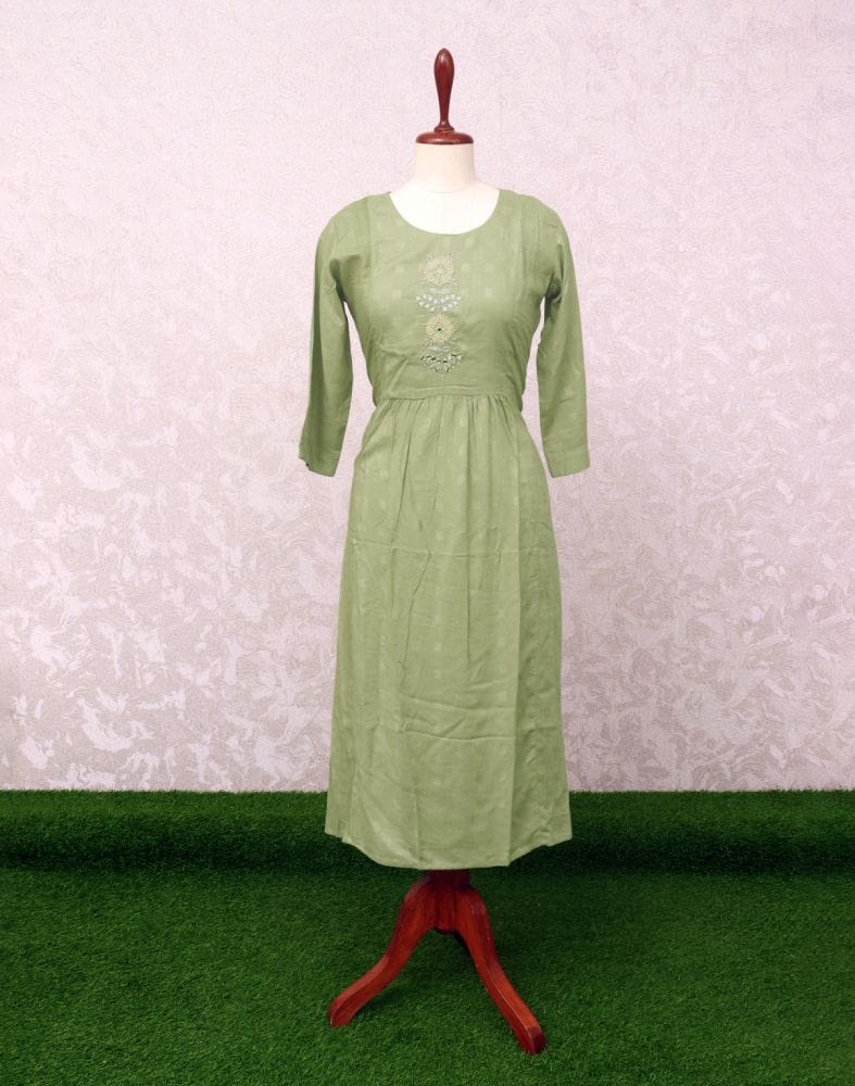 Light Green Geometric Cotton Silk Mirror work Kurti