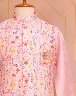 Collection of Pink Raw Silk De Royal Kurta Jacket Set in a gallery layout