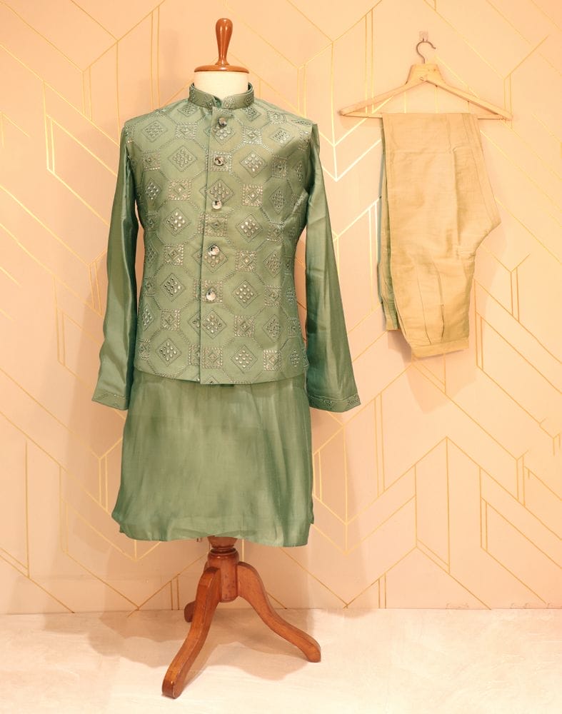 Collection of De Royal Imperial Pista Green Raw Silk Kurta Jacket Set in a gallery layout