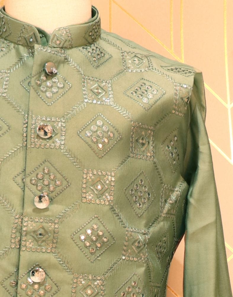 Collection of De Royal Imperial Pista Green Raw Silk Kurta Jacket Set in a gallery layout