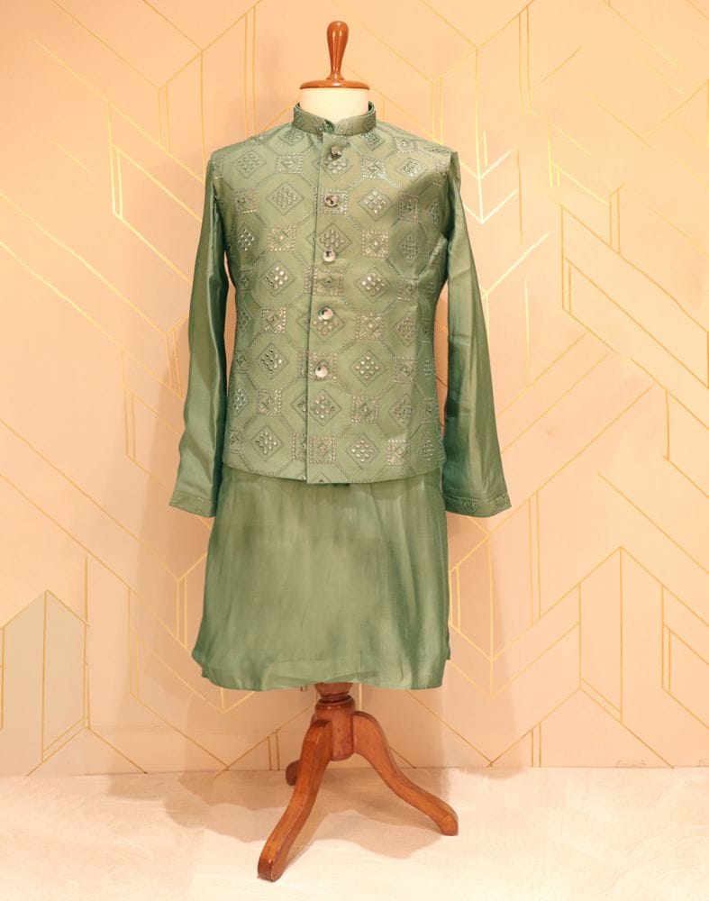 De Royal Imperial Pista Green Raw Silk Kurta Jacket Set