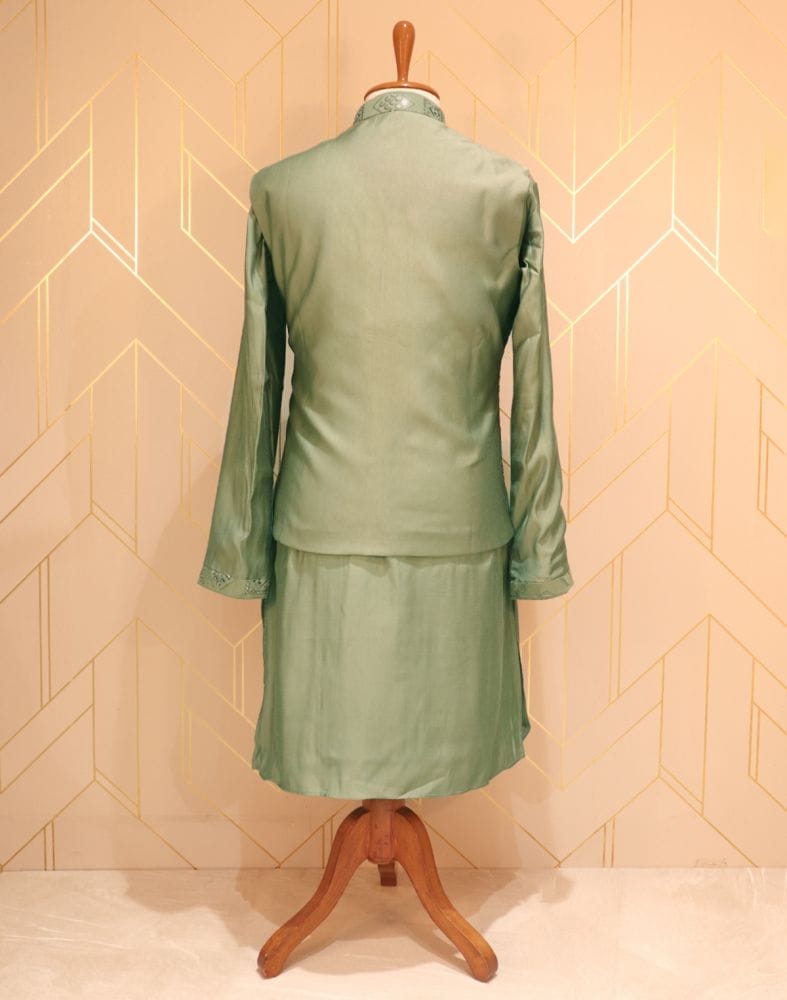 De Royal Imperial Pista Green Raw Silk Kurta Jacket Set