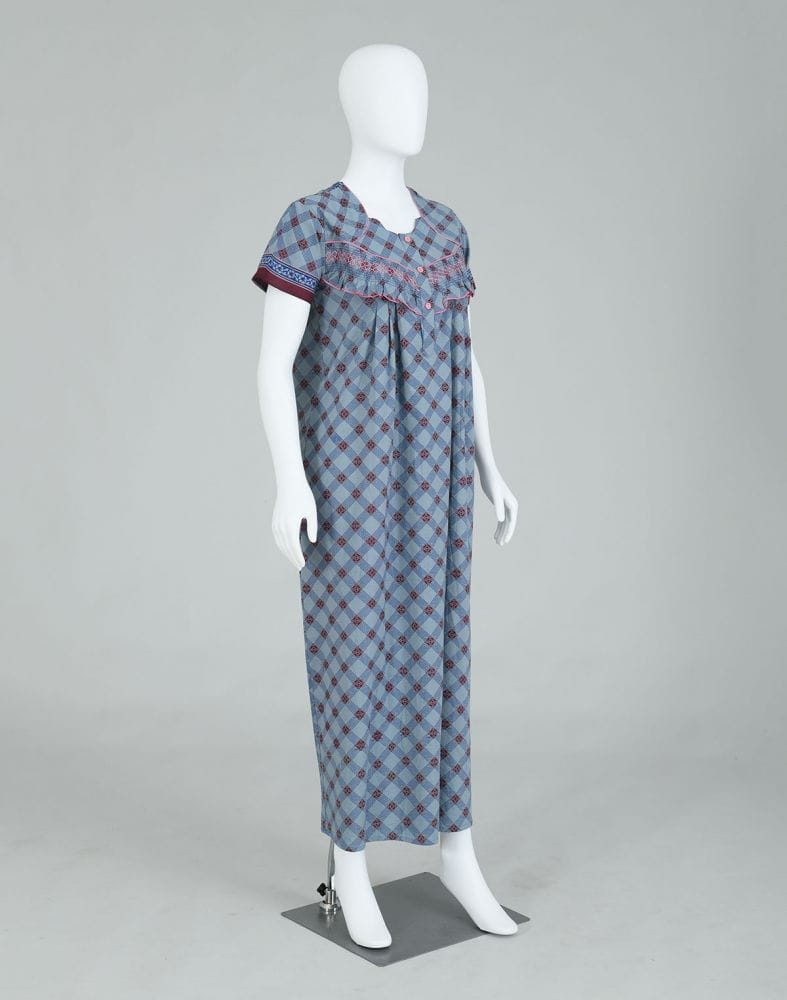 Collection of Light Blue Checkered Cotton Printed Women Nighty in a gallery layout