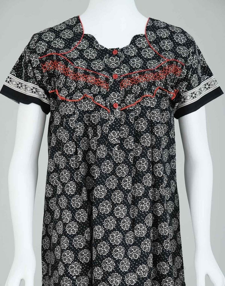 Black Block Print Cotton Printed Women Nighty