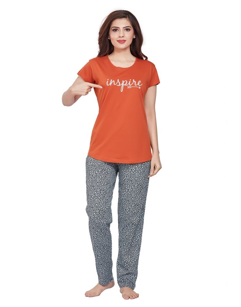 Dark Orange Typography Cotton Printed Night Wear