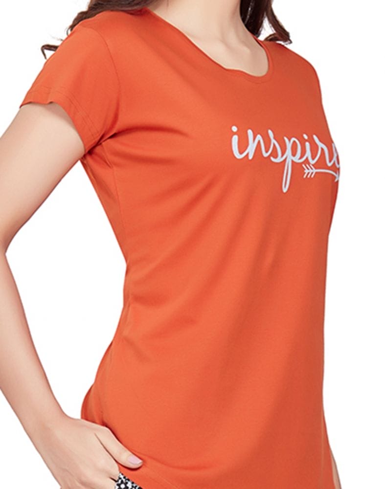 Dark Orange Typography Cotton Printed Night Wear