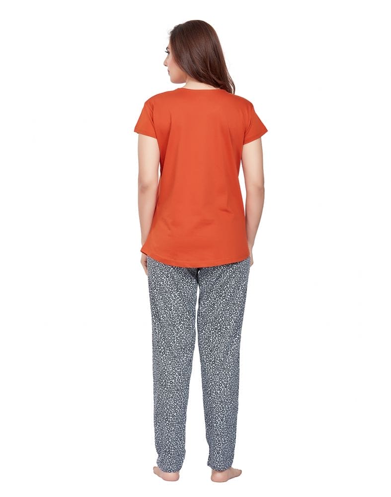 Dark Orange Typography Cotton Printed Night Wear