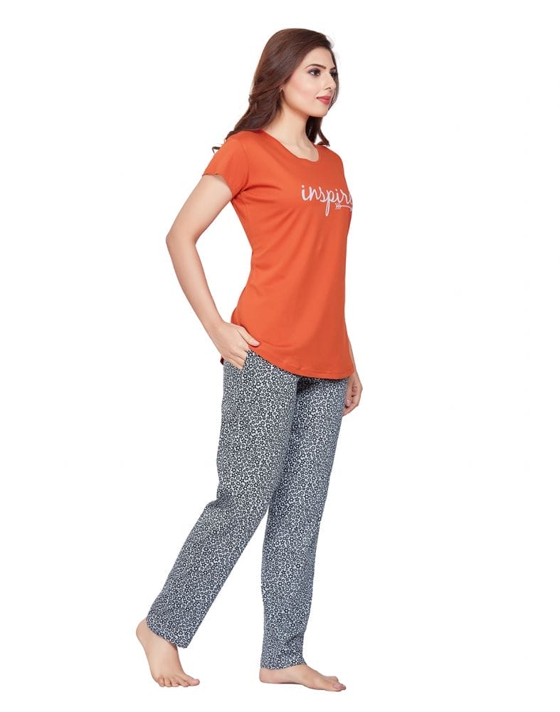 Dark Orange Typography Cotton Printed Night Wear