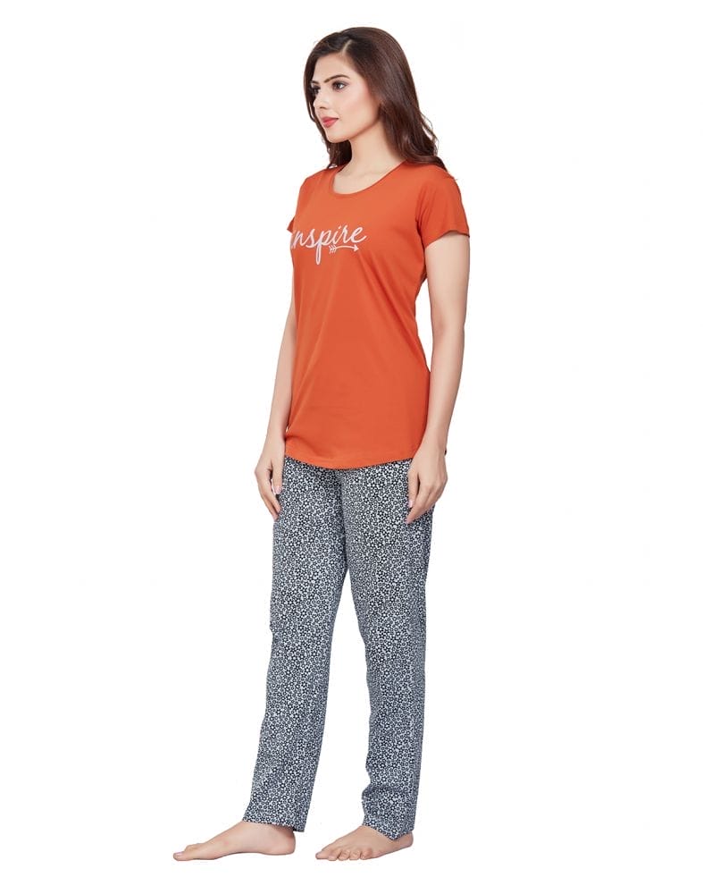 Dark Orange Typography Cotton Printed Night Wear