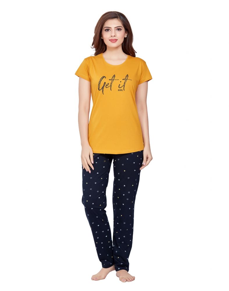 Collection of Mustard Typography Cotton Printed Night Wear in a gallery layout