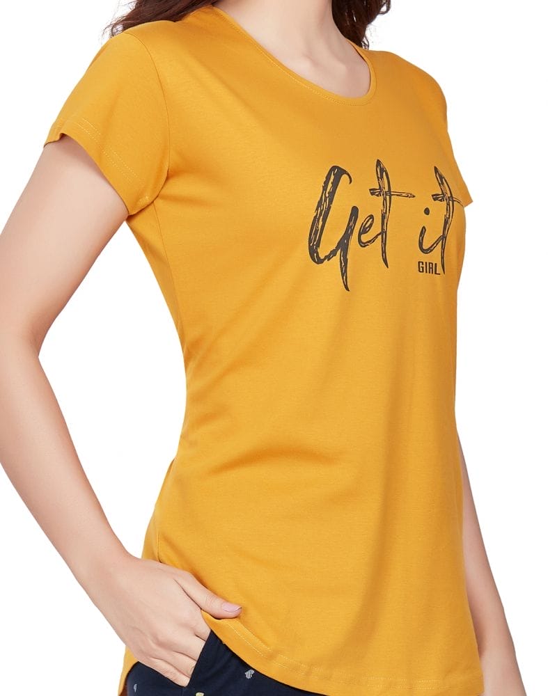 Collection of Mustard Typography Cotton Printed Night Wear in a gallery layout