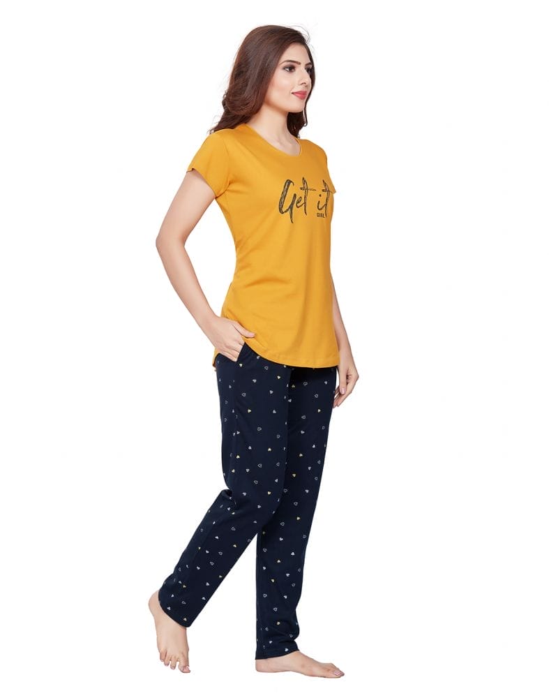 Collection of Mustard Typography Cotton Printed Night Wear in a gallery layout