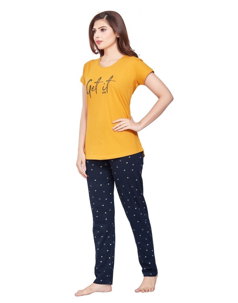 Mustard Typography Cotton Printed Night Wear