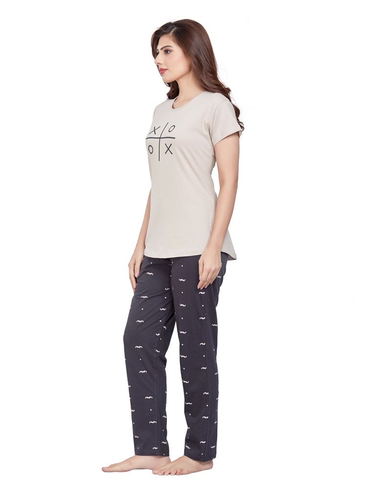 Beige Typography Cotton Printed Night Wear