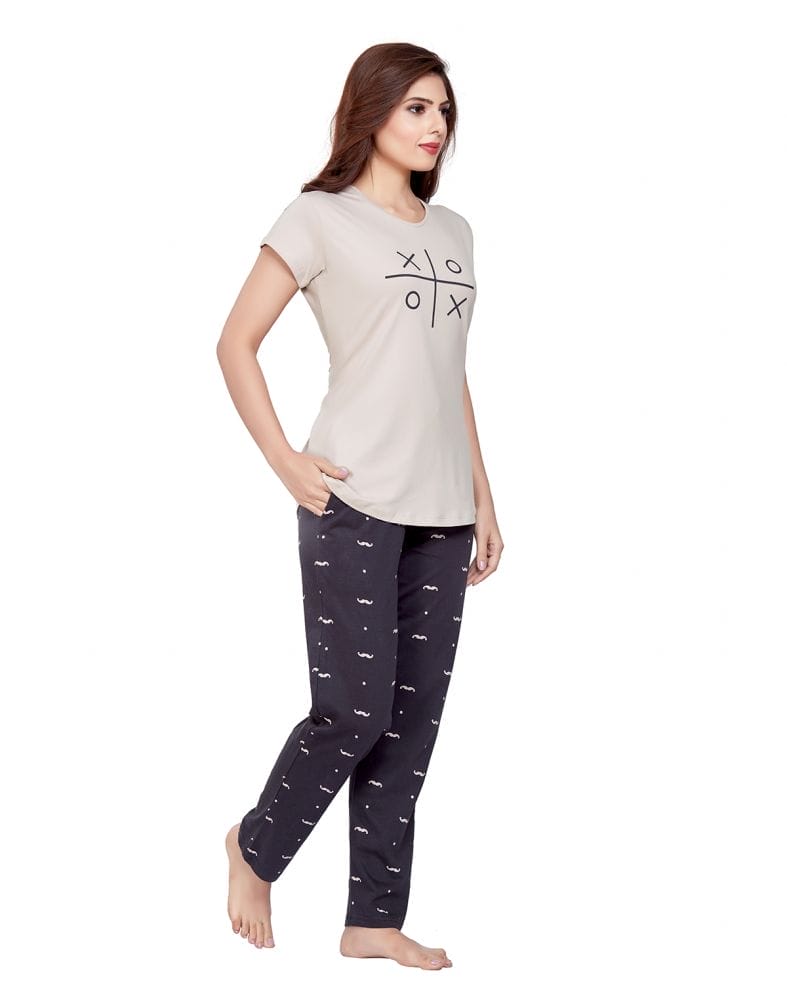 Beige Typography Cotton Printed Night Wear