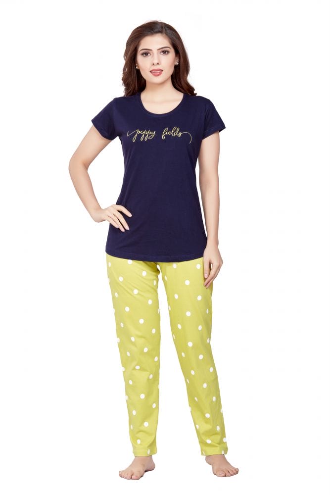 Navy Blue Typography Cotton Printed Night Wear