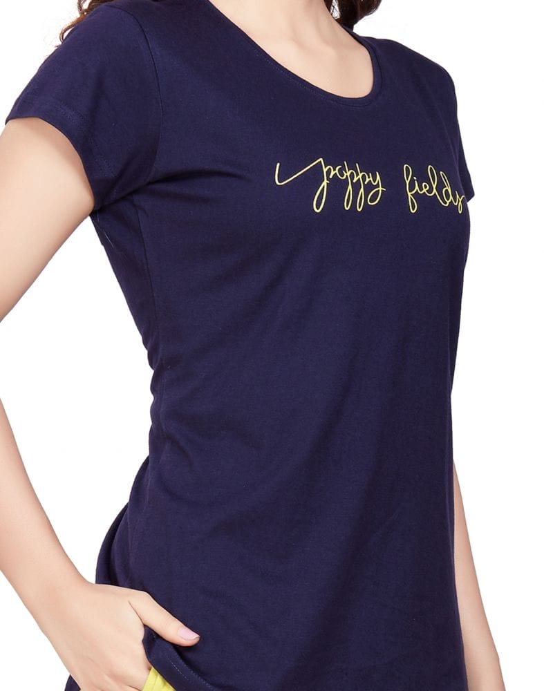 Navy Blue Typography Cotton Printed Night Wear