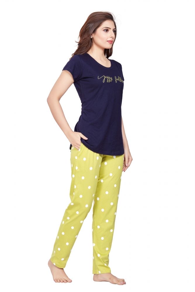 Navy Blue Typography Cotton Printed Night Wear