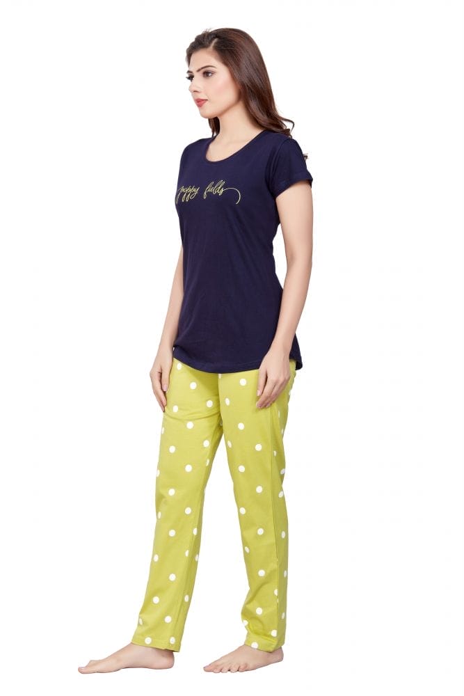 Navy Blue Typography Cotton Printed Night Wear