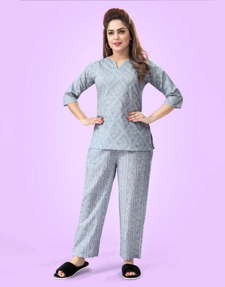 Collection of Grey Bandhini Cotton Printed Night Suit in a gallery layout