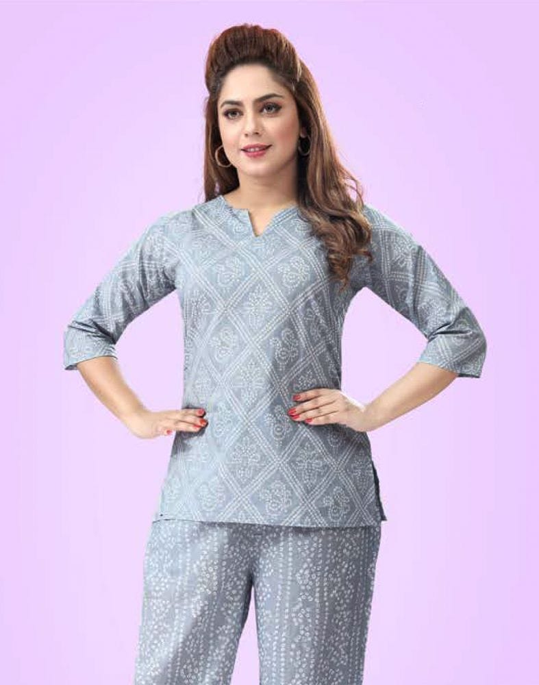 Collection of Grey Bandhini Cotton Printed Night Suit in a gallery layout