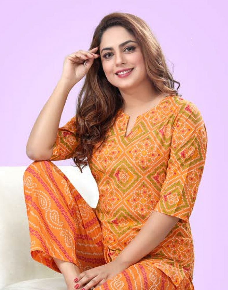 Collection of Orange Bandhini Cotton Printed Night Suit in a gallery layout