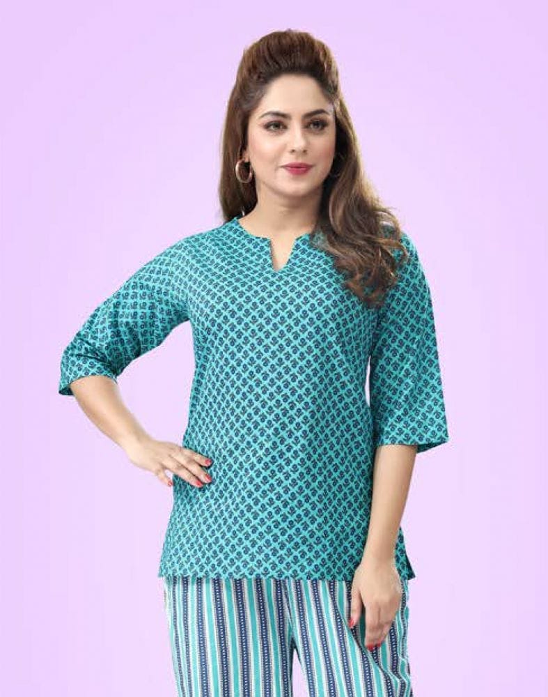 Green Colour Floral Printed Night Suit