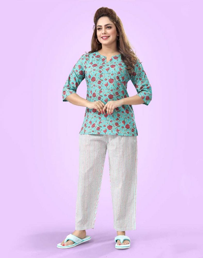 Collection of Green Floral Printed Cotton Night Suit in a gallery layout