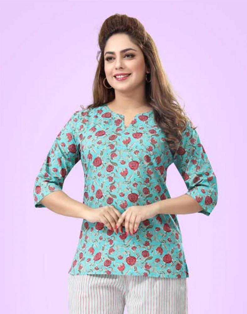 Collection of Green Floral Printed Cotton Night Suit in a gallery layout