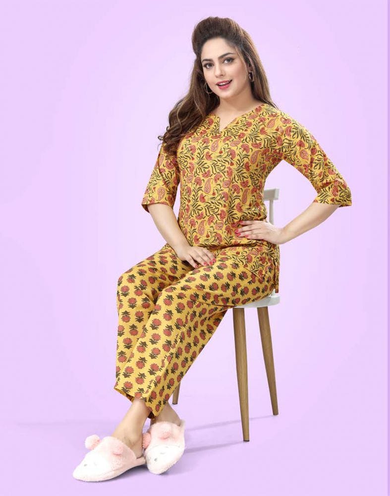 Collection of Mustard Paisley Cotton Printed Night Suit in a gallery layout