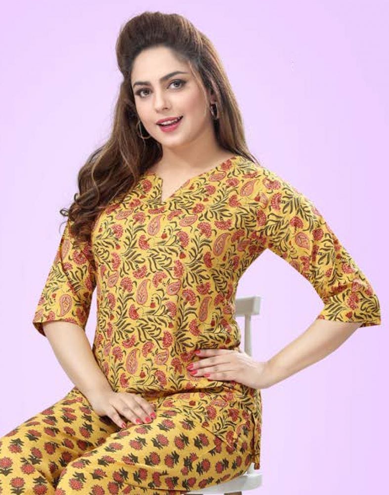 Collection of Mustard Paisley Cotton Printed Night Suit in a gallery layout