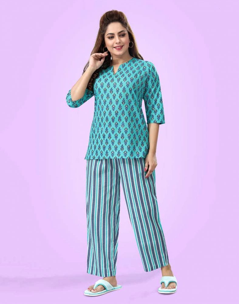 Collection of Light Green Floral Cotton Printed Night Suit in a gallery layout