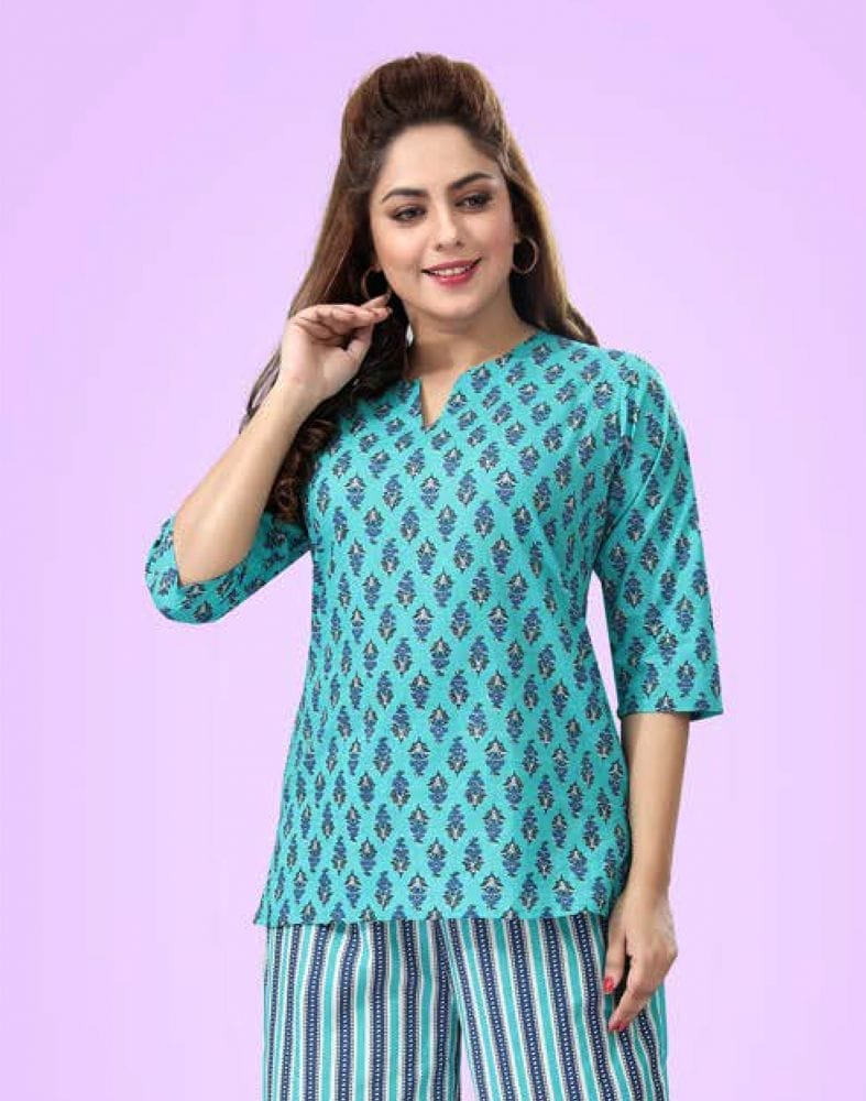 Collection of Light Green Floral Cotton Printed Night Suit in a gallery layout