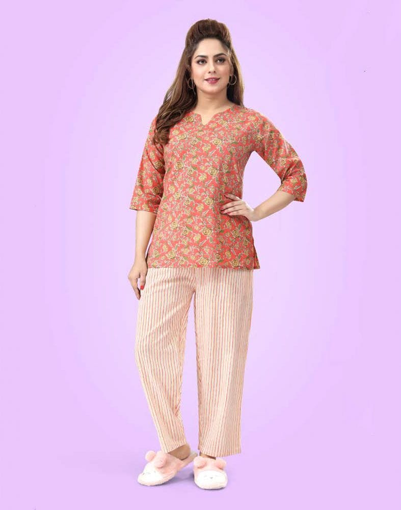 Peach Floral Cotton Printed Night Suit