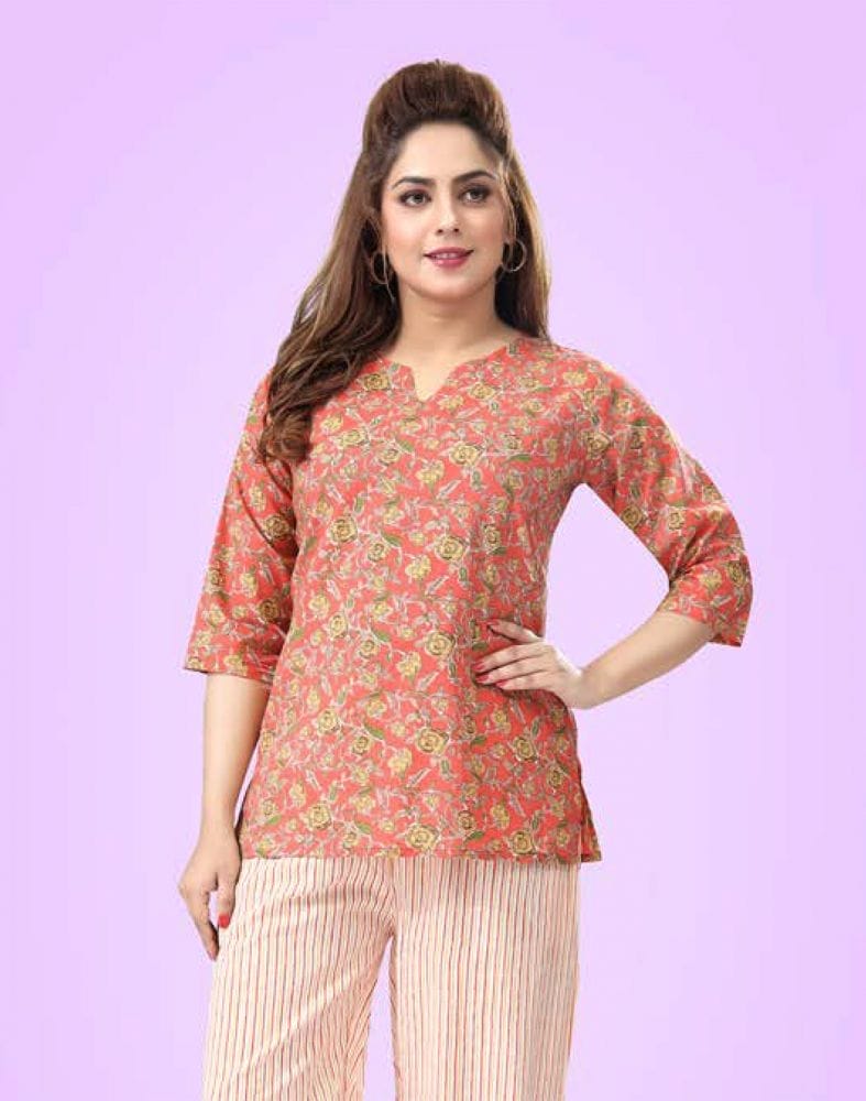 Peach Floral Cotton Printed Night Suit