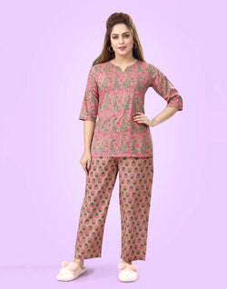 Collection of Brown Floral Cotton Printed Night Suit in a gallery layout