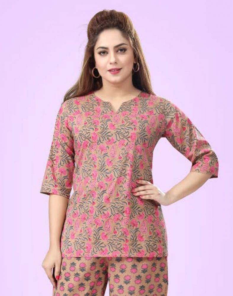 Brown Floral Cotton Printed Night Suit