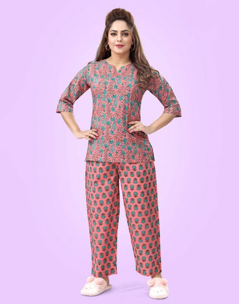 Collection of Peach Paisley Printed Night Suit in a gallery layout